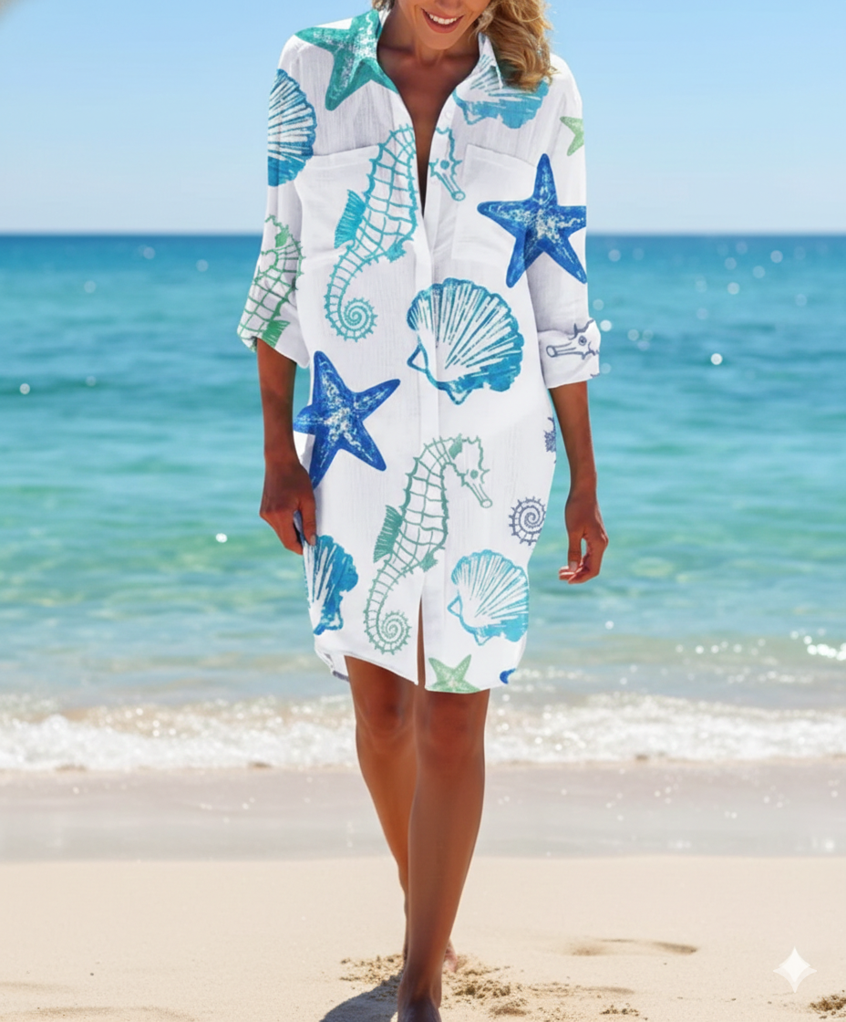Women's Button Down Print Shirt Dress – Relaxed Beach Cover-Up Dress for Summer