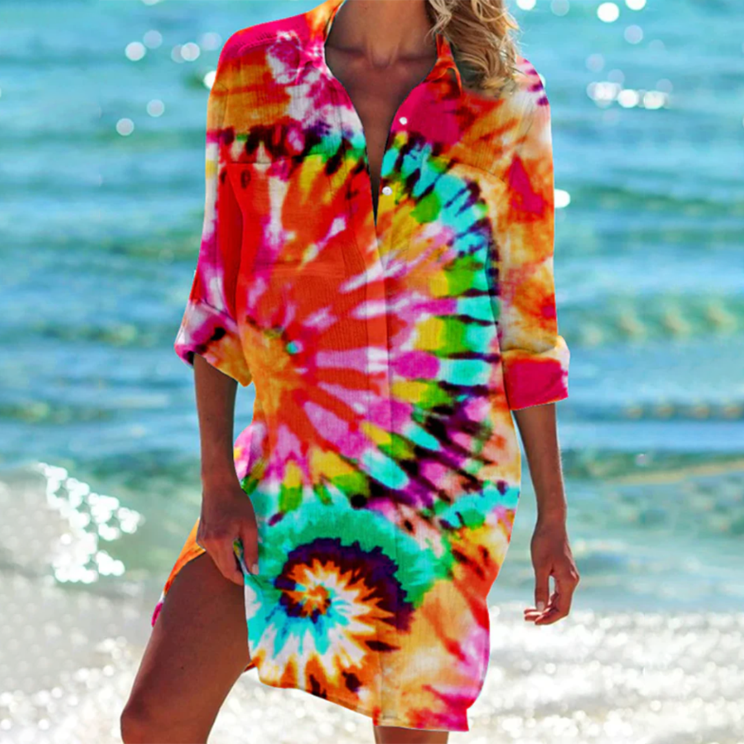 Women's Button Down Print Shirt Dress – Relaxed Beach Cover-Up Dress for Summer