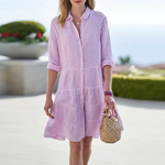 Women's Striped Linen-Look Midi Shirt Dress – Relaxed Summer Day Dress for Brunch & Travel
