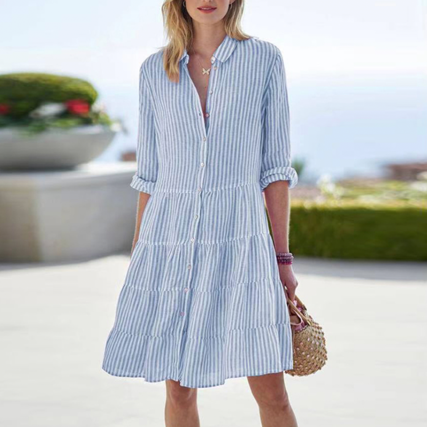 Women's Striped Linen-Look Midi Shirt Dress – Relaxed Summer Day Dress for Brunch & Travel