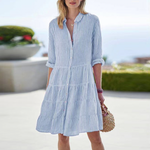 Women's Striped Linen-Look Midi Shirt Dress – Relaxed Summer Day Dress for Brunch & Travel