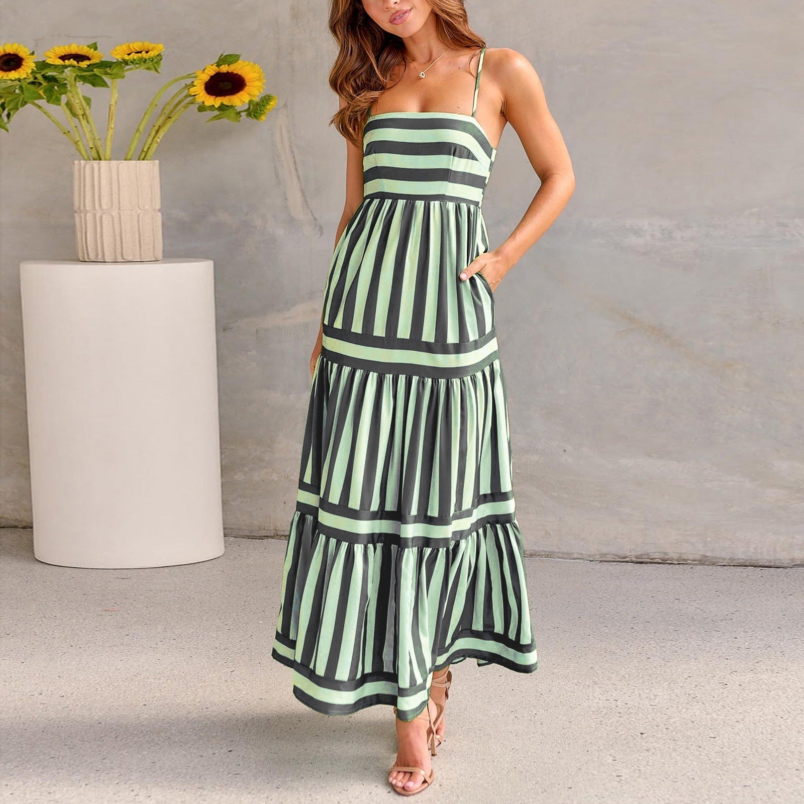 Women's Striped Tiered Maxi Dress with Pockets – Casual Summer Day Dress