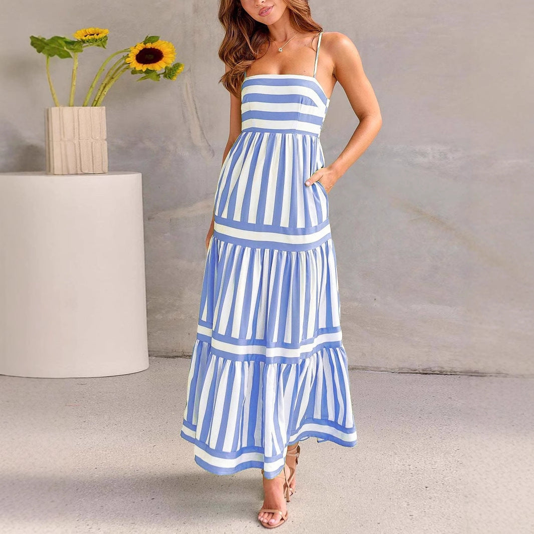 Women's Striped Tiered Maxi Dress with Pockets – Casual Summer Day Dress
