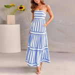 Women's Striped Tiered Maxi Dress with Pockets – Casual Summer Day Dress