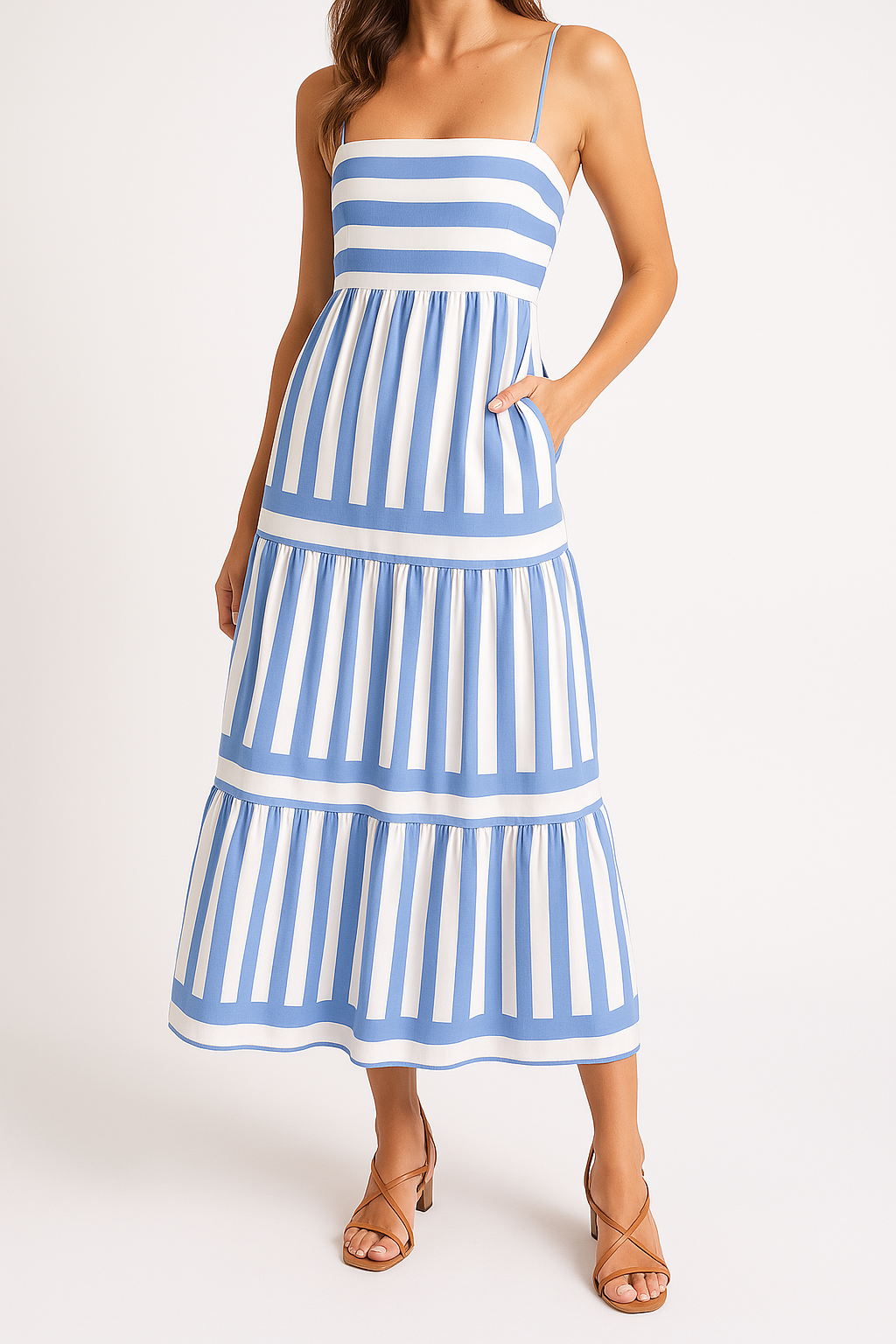 Women's Striped Tiered Maxi Dress with Pockets – Casual Summer Day Dress