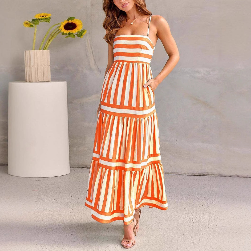 Women's Striped Tiered Maxi Dress with Pockets – Casual Summer Day Dress