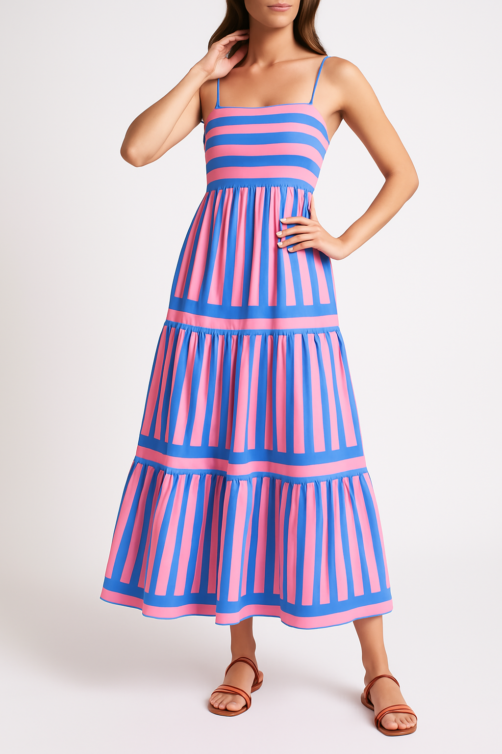 Women's Striped Tiered Maxi Dress with Pockets – Casual Summer Day Dress