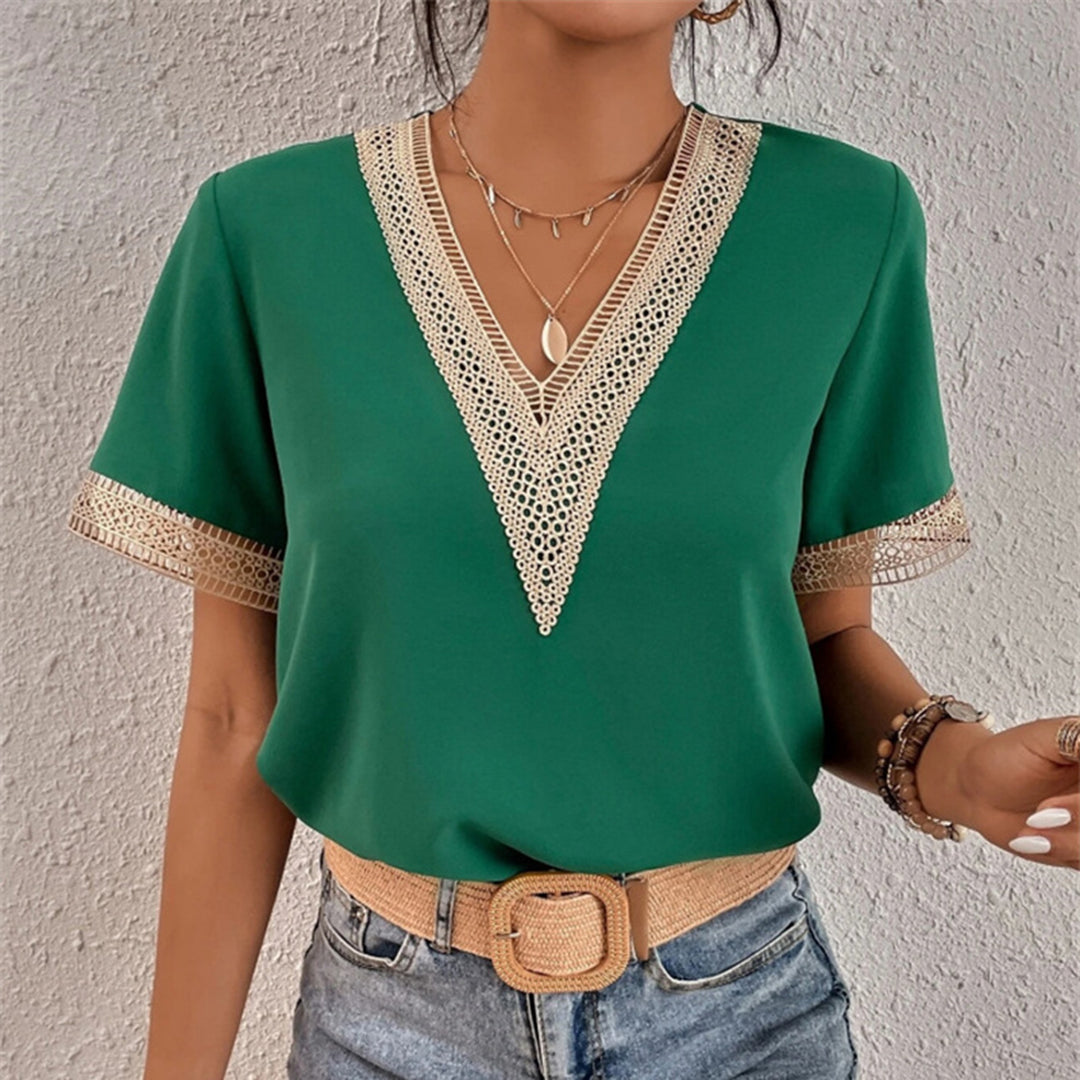 Women's V Neck T-Shirt with Crochet Trim & Short Sleeves – Casual Summer Tee