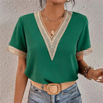 Women's V Neck T-Shirt with Crochet Trim & Short Sleeves – Casual Summer Tee