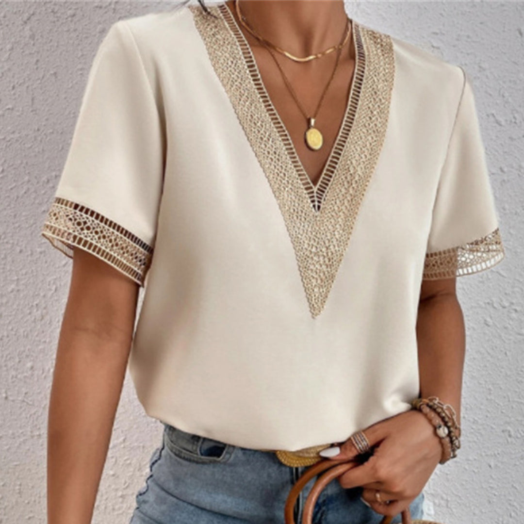 Women's V Neck T-Shirt with Crochet Trim & Short Sleeves – Casual Summer Tee