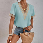 Women's V Neck T-Shirt with Crochet Trim & Short Sleeves – Casual Summer Tee
