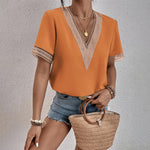 Women's V Neck T-Shirt with Crochet Trim & Short Sleeves – Casual Summer Tee