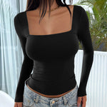 Women's Fitted Square Neck Long Sleeve Top – Slim Layering Tee for Work & Cooler Evenings