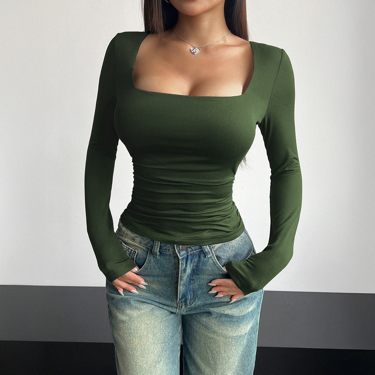 Women's Fitted Square Neck Long Sleeve Top – Slim Layering Tee for Work & Cooler Evenings