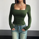 Women's Fitted Square Neck Long Sleeve Top – Slim Layering Tee for Work & Cooler Evenings