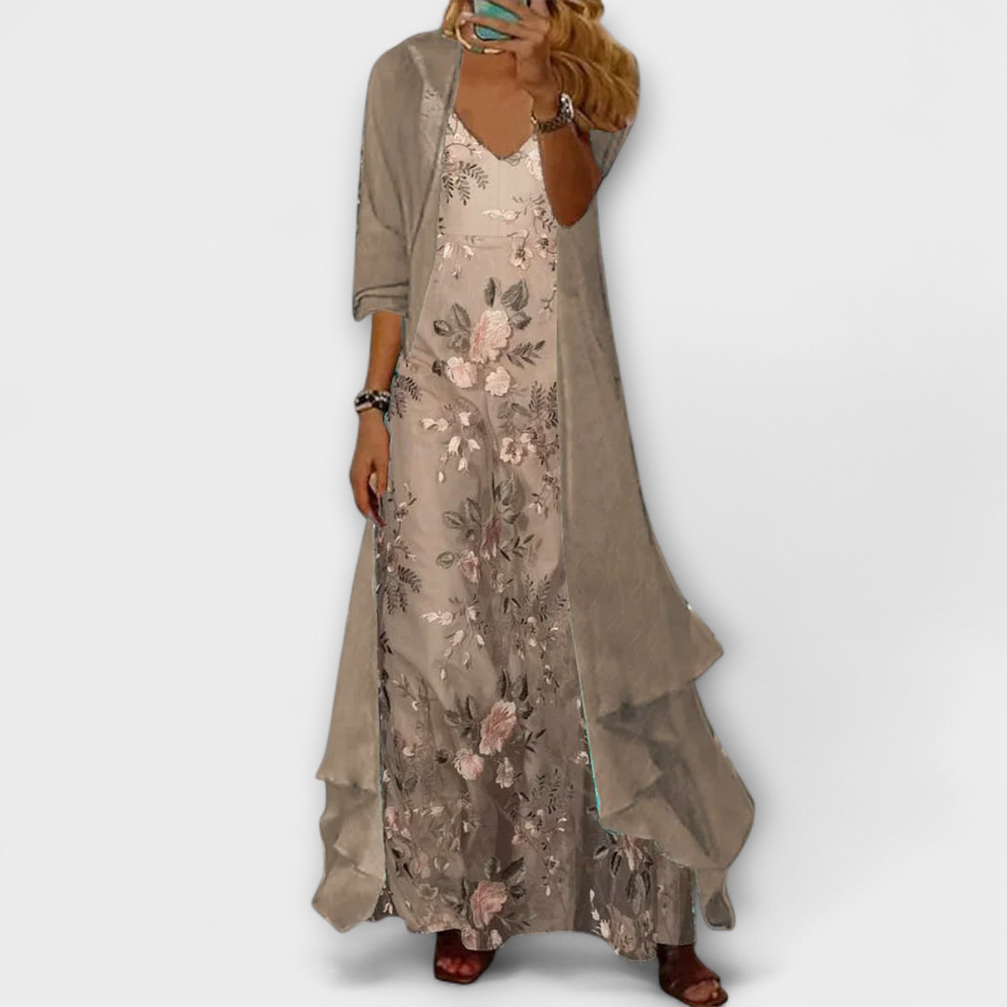 Women's Floral V-Neck Maxi Dress with Matching Longline Jacket – Two-Piece Wedding Guest Set