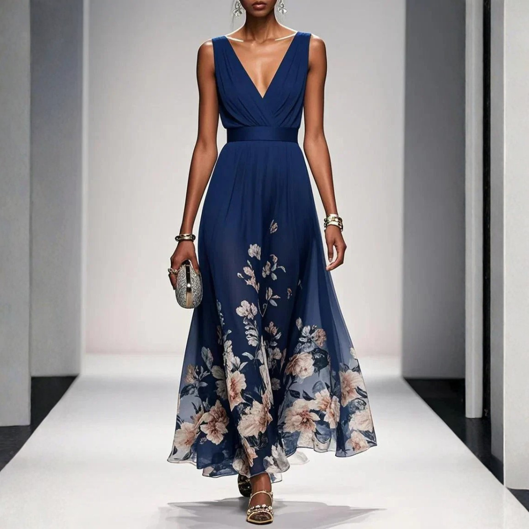 Women's Floral Print V Neck Maxi Dress with Ruched Bodice & Flutter Sleeves – Wedding Guest Dress