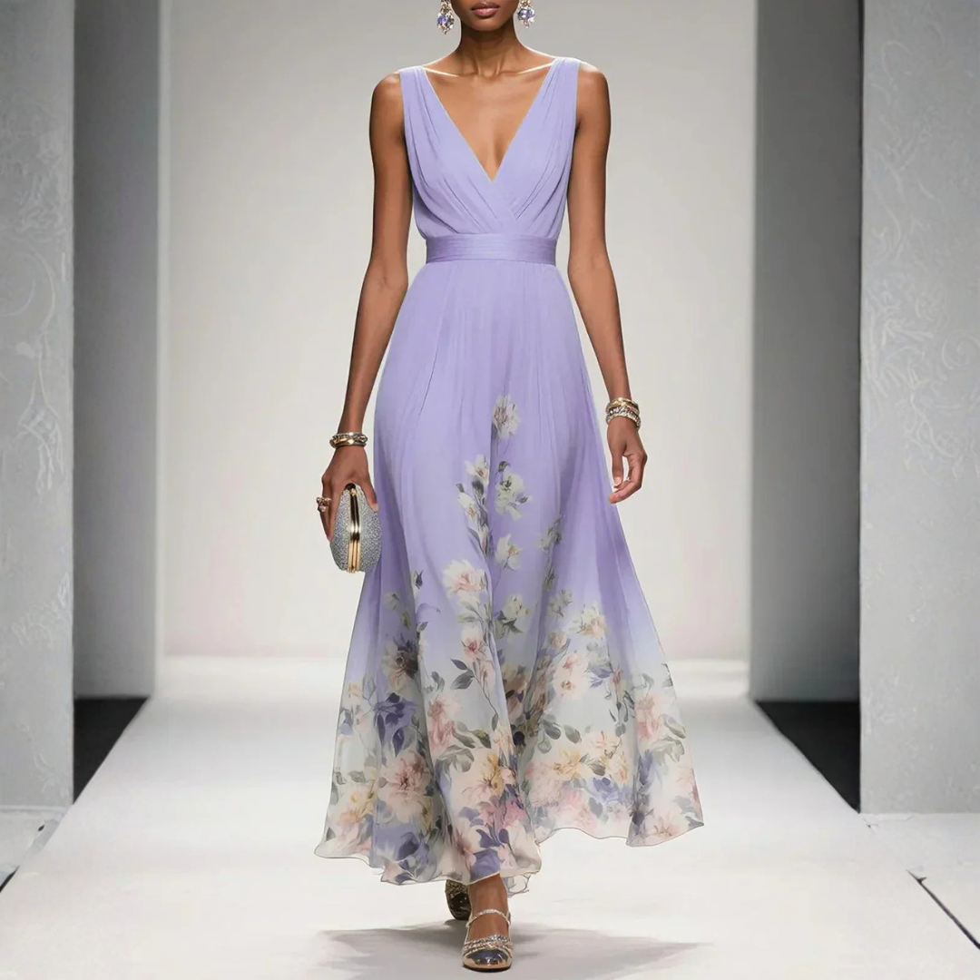 Women's Floral Print V Neck Maxi Dress with Ruched Bodice & Flutter Sleeves – Wedding Guest Dress
