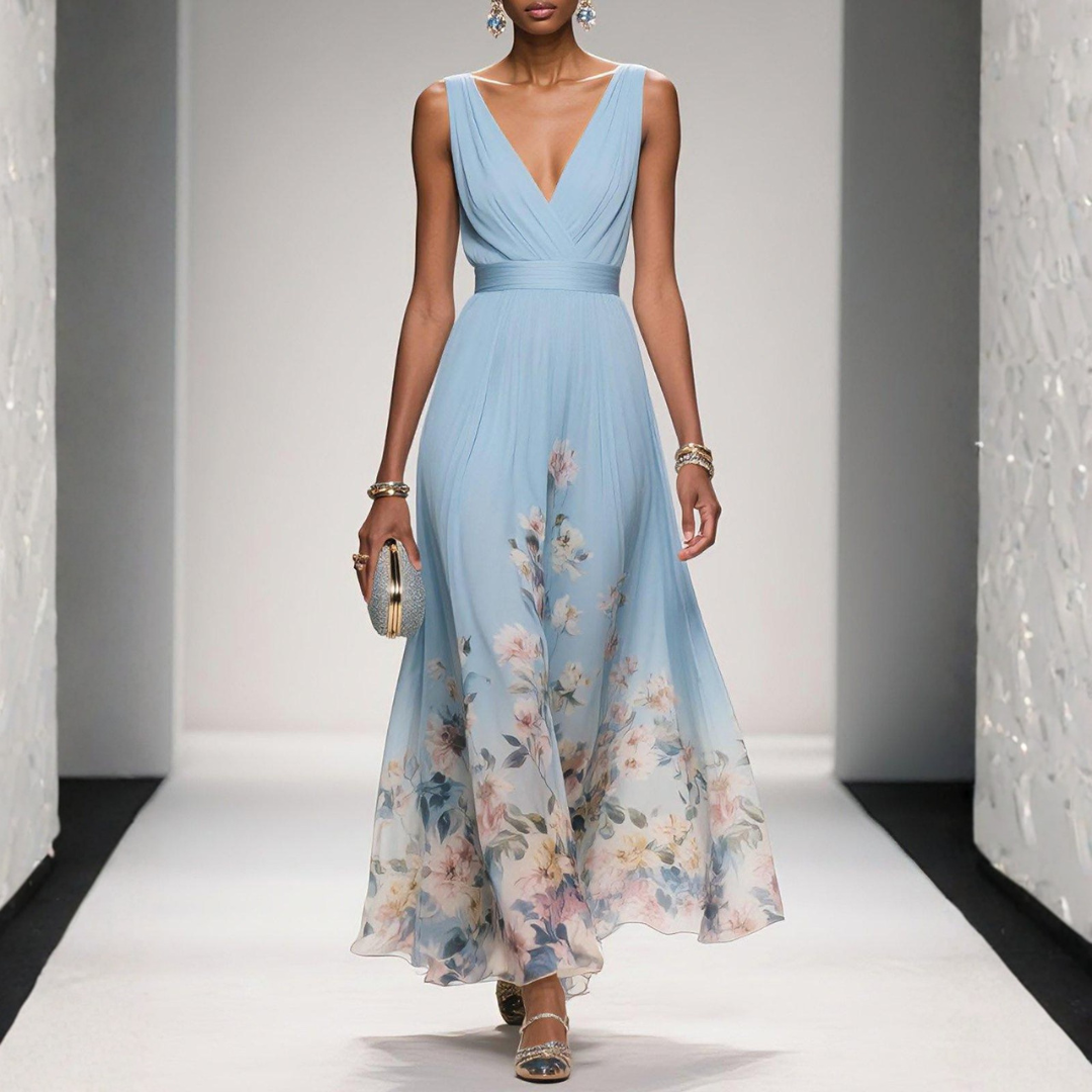 Women's Floral Print V Neck Maxi Dress with Ruched Bodice & Flutter Sleeves – Wedding Guest Dress