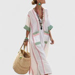 Women's Linen Striped V-Neck Maxi Dress with Contrast Pockets – Relaxed Summer Day Dress