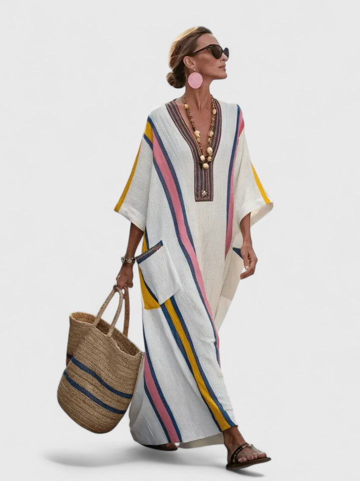 Women's Linen Striped V-Neck Maxi Dress with Contrast Pockets – Relaxed Summer Day Dress