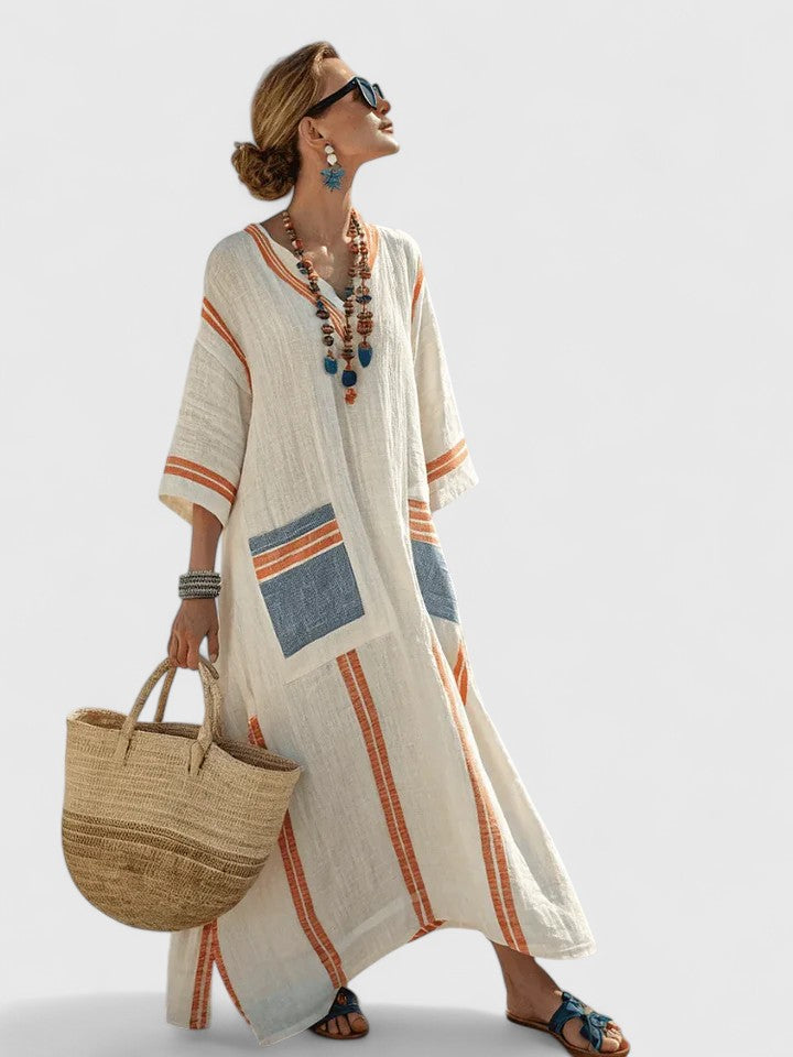 Women's Linen Striped V-Neck Maxi Dress with Contrast Pockets – Relaxed Summer Day Dress