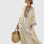 Women's Linen Striped V-Neck Maxi Dress with Contrast Pockets – Relaxed Summer Day Dress