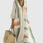 Women's Linen Striped V-Neck Maxi Dress with Contrast Pockets – Relaxed Summer Day Dress