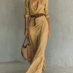 Women's Ruched Maxi Shirt Dress with Belt & Long Sleeves – Button-Front Dress for Work & Dinner