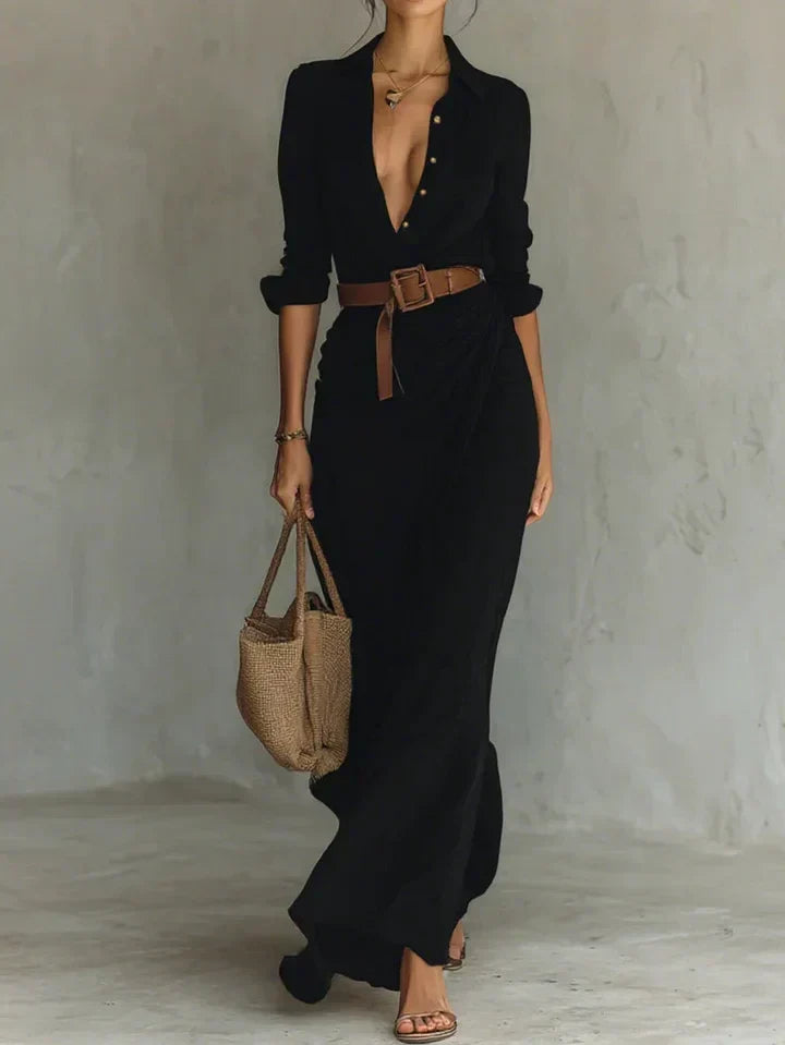 Women's Ruched Maxi Shirt Dress with Belt & Long Sleeves – Button-Front Dress for Work & Dinner