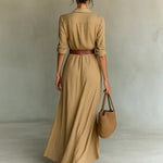 Women's Ruched Maxi Shirt Dress with Belt & Long Sleeves – Button-Front Dress for Work & Dinner
