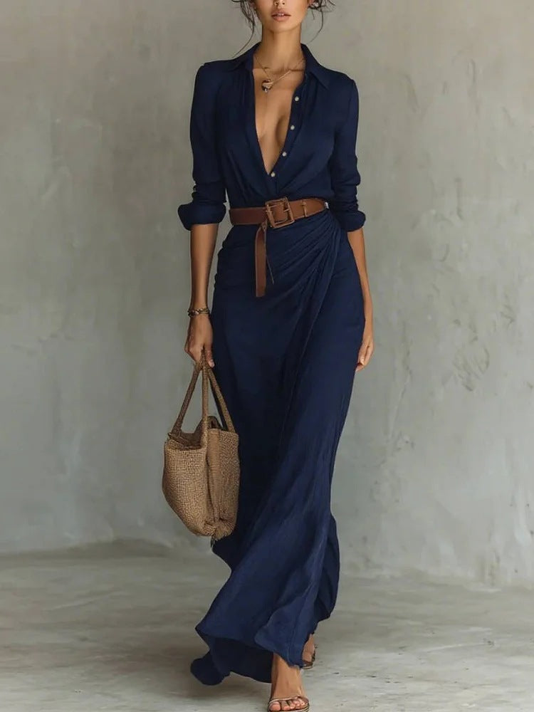 Women's Ruched Maxi Shirt Dress with Belt & Long Sleeves – Button-Front Dress for Work & Dinner
