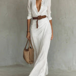 Women's Ruched Maxi Shirt Dress with Belt & Long Sleeves – Button-Front Dress for Work & Dinner