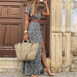 Women's Boho Floral Print Maxi Dress with Side Slit – V Neck Short Sleeve Summer Dress