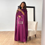 Women's Satin Cape Maxi Dress with Boat Neck – Formal Evening Gown for Weddings & Galas