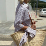 Women's Striped Button Front Shirt Midi Dress – Relaxed Casual Summer Dress for Brunch