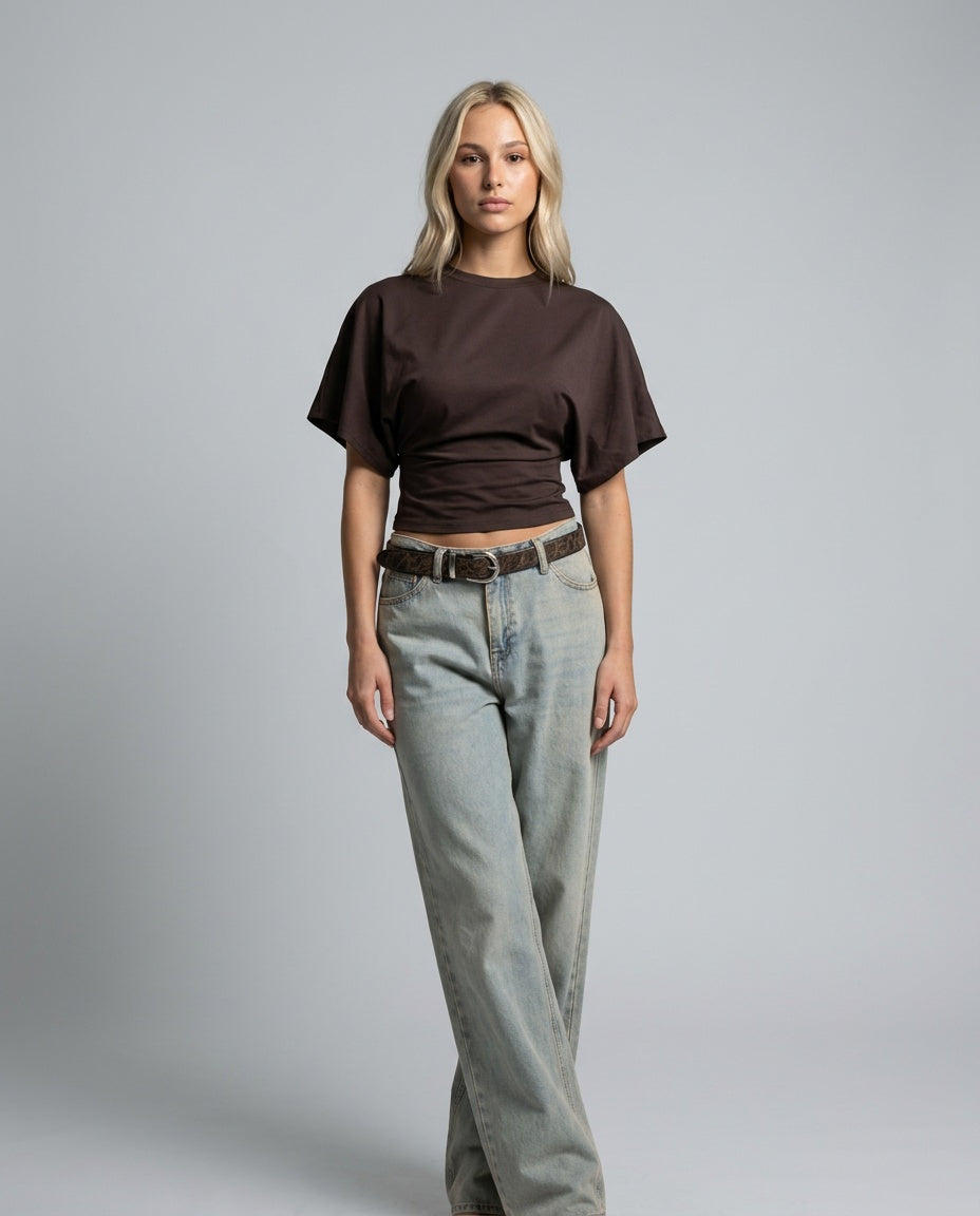 Women's Cropped Ruched Top with Wide Short Sleeves – Round-Neck Relaxed Summer Top