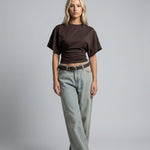 Women's Cropped Ruched Top with Wide Short Sleeves – Round-Neck Relaxed Summer Top