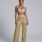 Women's High Waist Sequin Wide-Leg Pants – Sparkly Evening and Party Pants