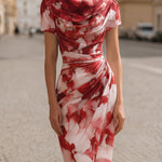 Women's Floral Cowl Neck Bodycon Midi Dress – Fitted Evening and Occasion Dress