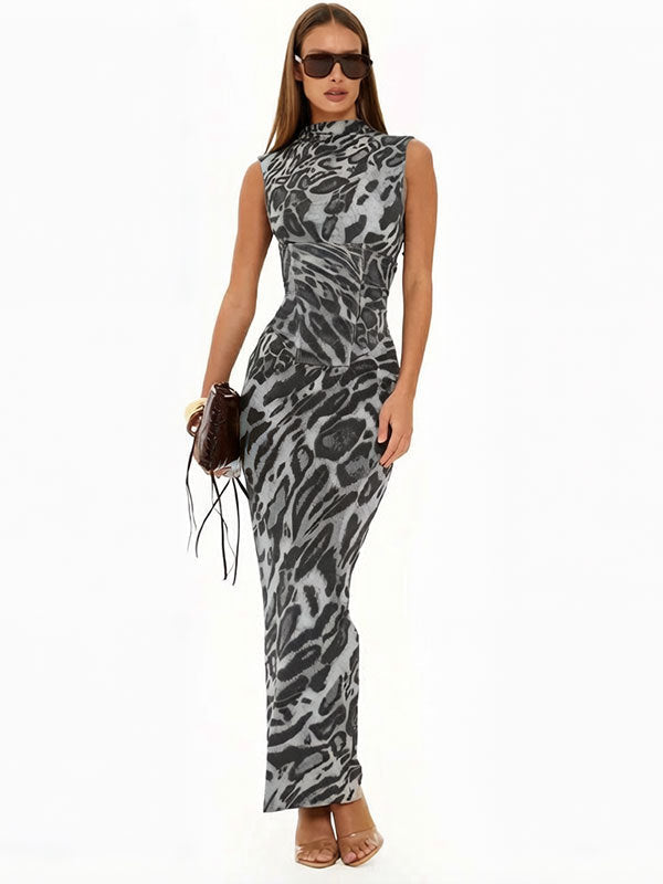 Women's Leopard Print Bodycon Maxi Dress – Fitted Evening Dress for Parties & Nights Out