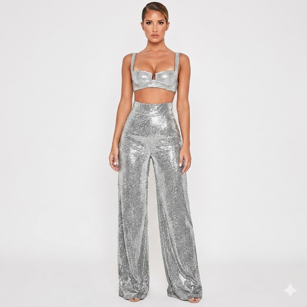 Women's High Waist Sequin Wide-Leg Pants – Sparkly Evening and Party Pants