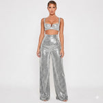 Women's High Waist Sequin Wide-Leg Pants – Sparkly Evening and Party Pants