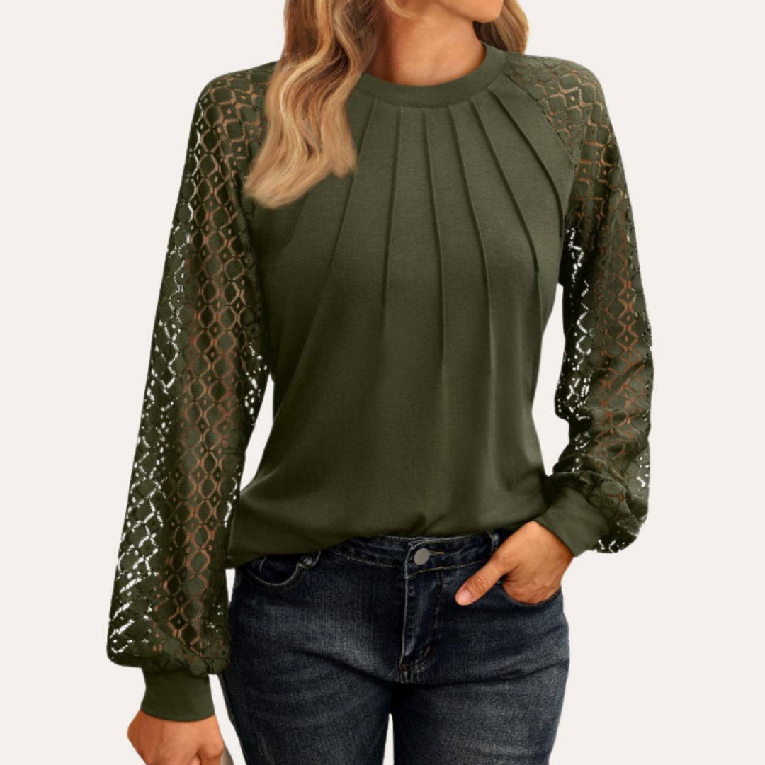 Women's Blouse with Lace Sleeves & Pleated Neckline – Elegant Top for Work & Dinner