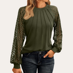 Women's Blouse with Lace Sleeves & Pleated Neckline – Elegant Top for Work & Dinner