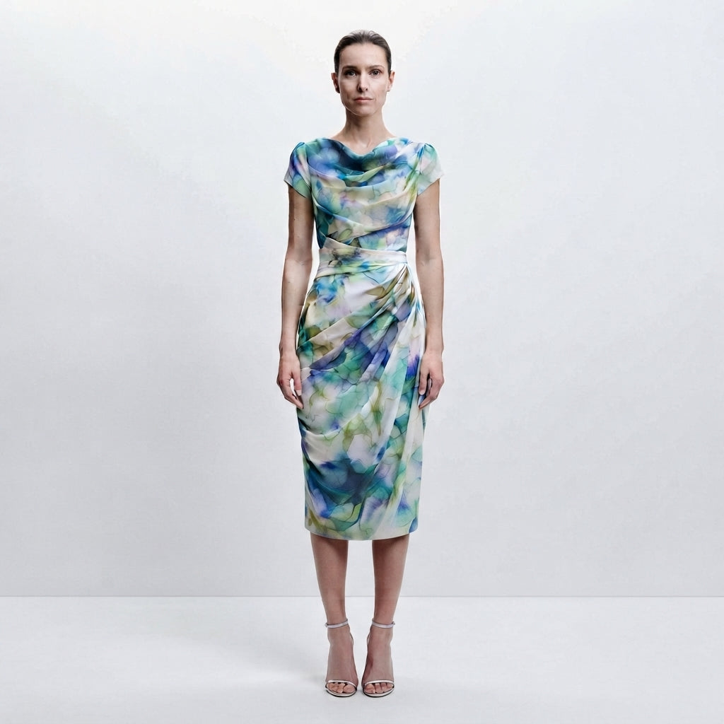 Women's Floral Cowl Neck Bodycon Midi Dress – Fitted Evening and Occasion Dress