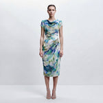 Women's Floral Cowl Neck Bodycon Midi Dress – Fitted Evening and Occasion Dress
