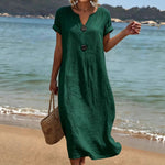 Women's Linen-Look Midi Dress – Casual Relaxed Summer Day Dress for Weekend & Holidays