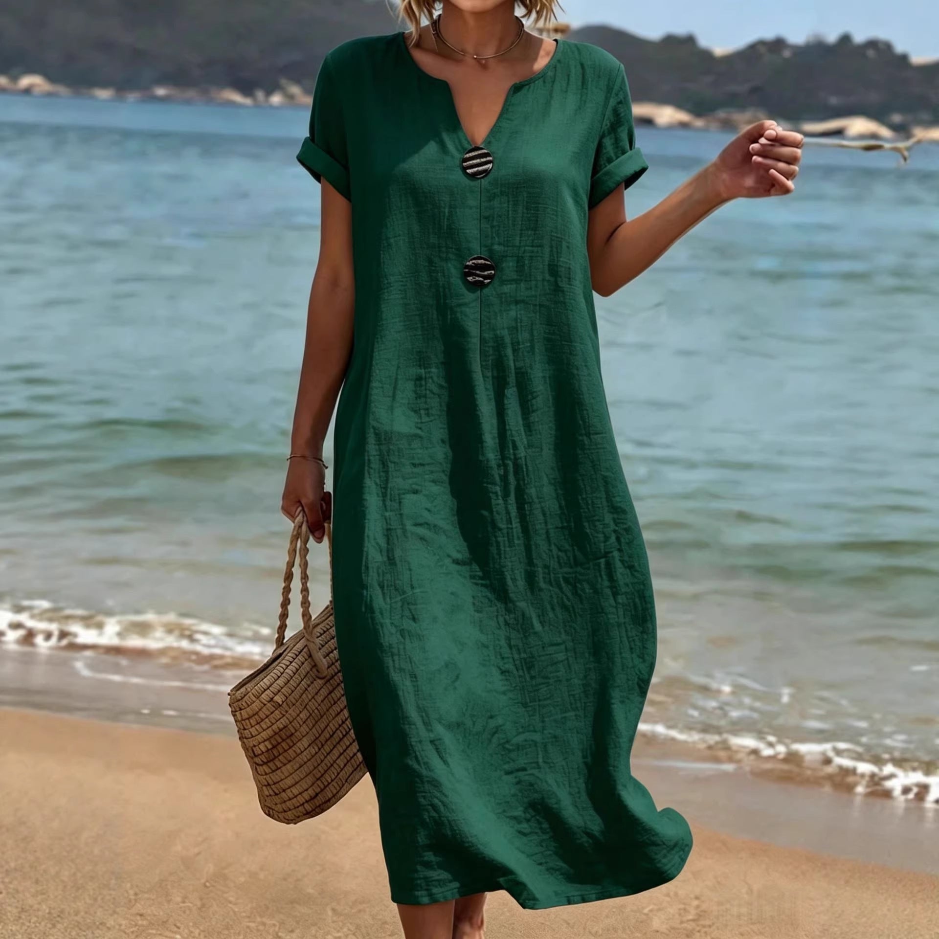 Women's Linen-Look Midi Dress – Casual Relaxed Summer Day Dress for Weekend & Holidays