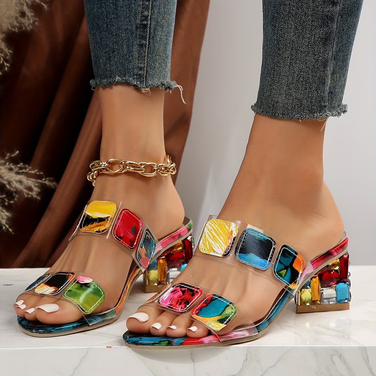 Women's Rhinestone Block Heel Sandals with Clear Straps – Evening Party & Wedding Heels